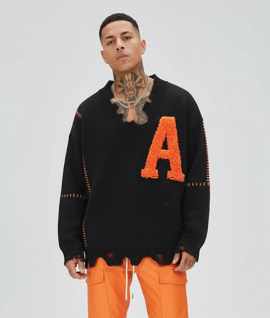Varsity “A” Distressed Knit Sweater