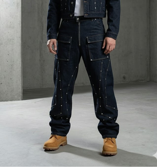Utility Studded Wide-Leg Denim Pants